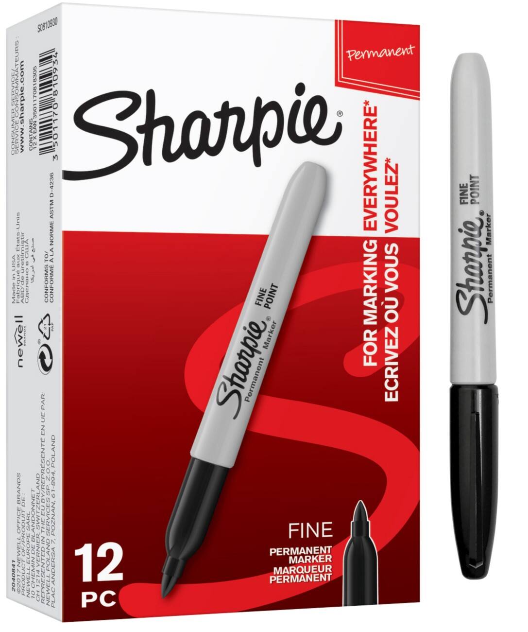 Sharpie Permanent Marker Fine Bullet  - 1.0 mm Black Non Refillable Pack of 12