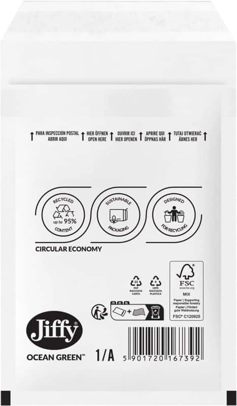 Jiffy Ocean Green Padded Envelopes H/5 White Plain 270 (W) x 360 (H) mm Peel and Seal 75 gsm Pack of 100