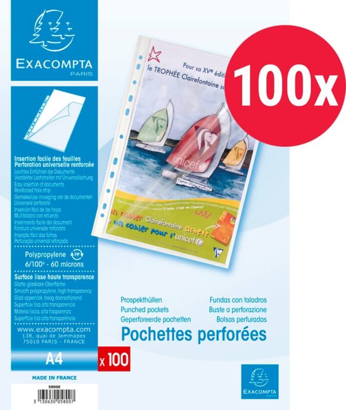 Exacompta Punched Pockets  A4 Smooth Transparent PP (Polypropylene) Top and Left Opening 5800E Pack of 100