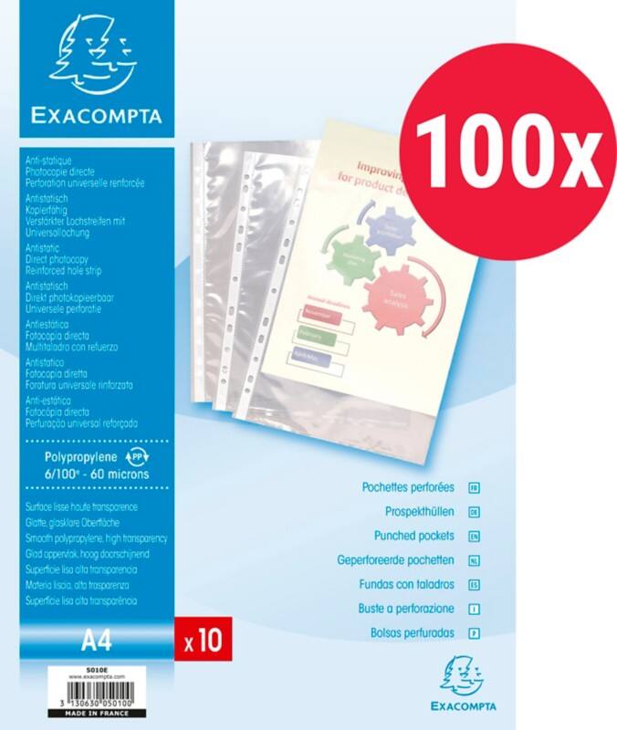 Exacompta Punched Pockets  Smooth Transparent 11 Holes 5010E Pack of 100