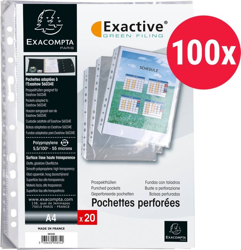 Exacompta Exactive Punched Pockets  A4 Smooth Transparent PP (Polypropylene) Top Opening 5834E Pack of 100