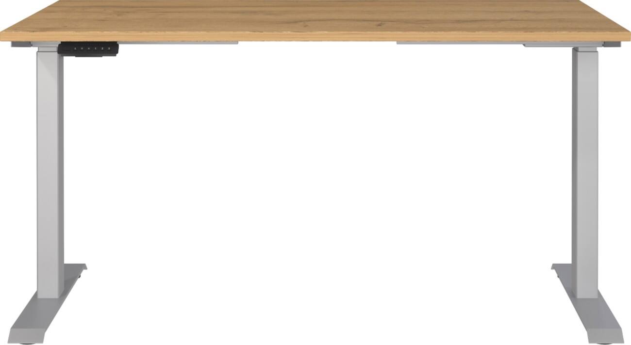 Germania Electronically Height Adjustable Sit Stand Desk Rectangular Grandson-oak repro T-Foot 1,400 (W) x 800 (D) x 1,200 (H) mm Cardboard Metal