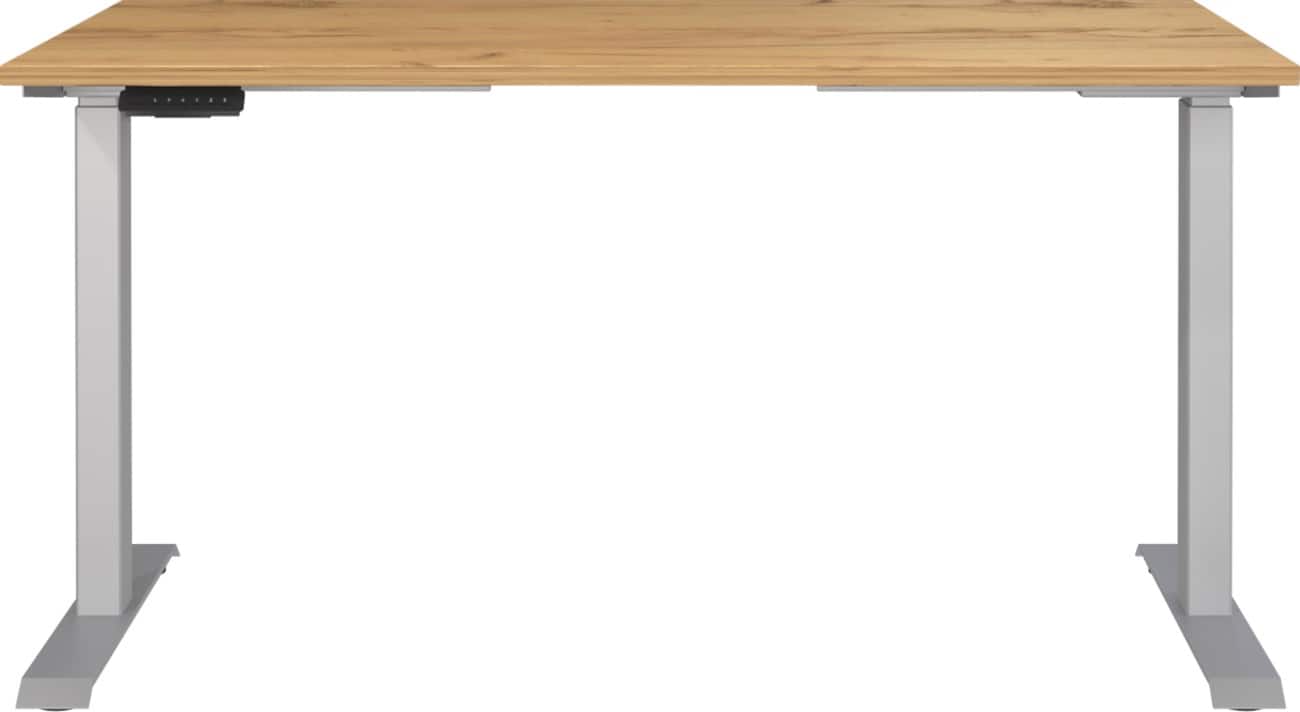 Germania Electronically Height Adjustable Sit Stand Desk Rectangular Navarra-oak repro T-Foot 1,400 (W) x 800 (D) x 1,200 (H) mm Cardboard Metal