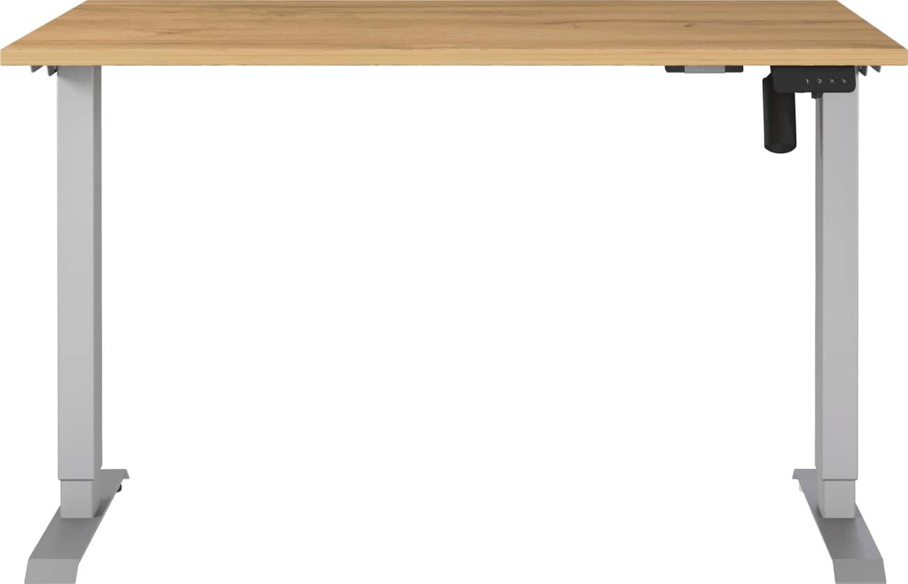 Germania Electronically Height Adjustable Sit Stand Desk Rectangular Grandson-oak repro T-Foot 1,200 (W) x 800 (D) x 1,200 (H) mm Cardboard Metal