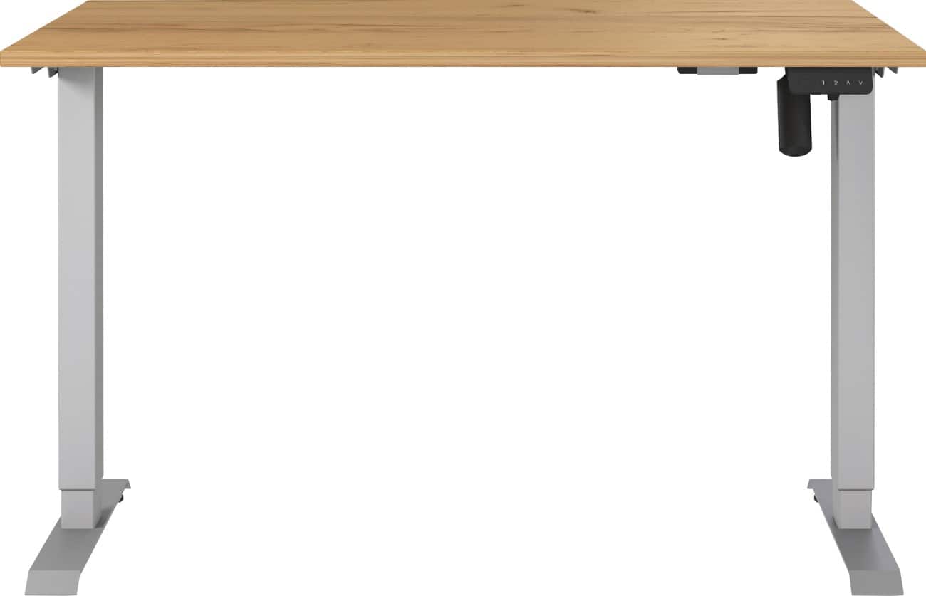 Germania Electronically Height Adjustable Sit Stand Desk Rectangular Navarra-oak repro T-Foot 1,200 (W) x 800 (D) x 1,200 (H) mm Cardboard Metal