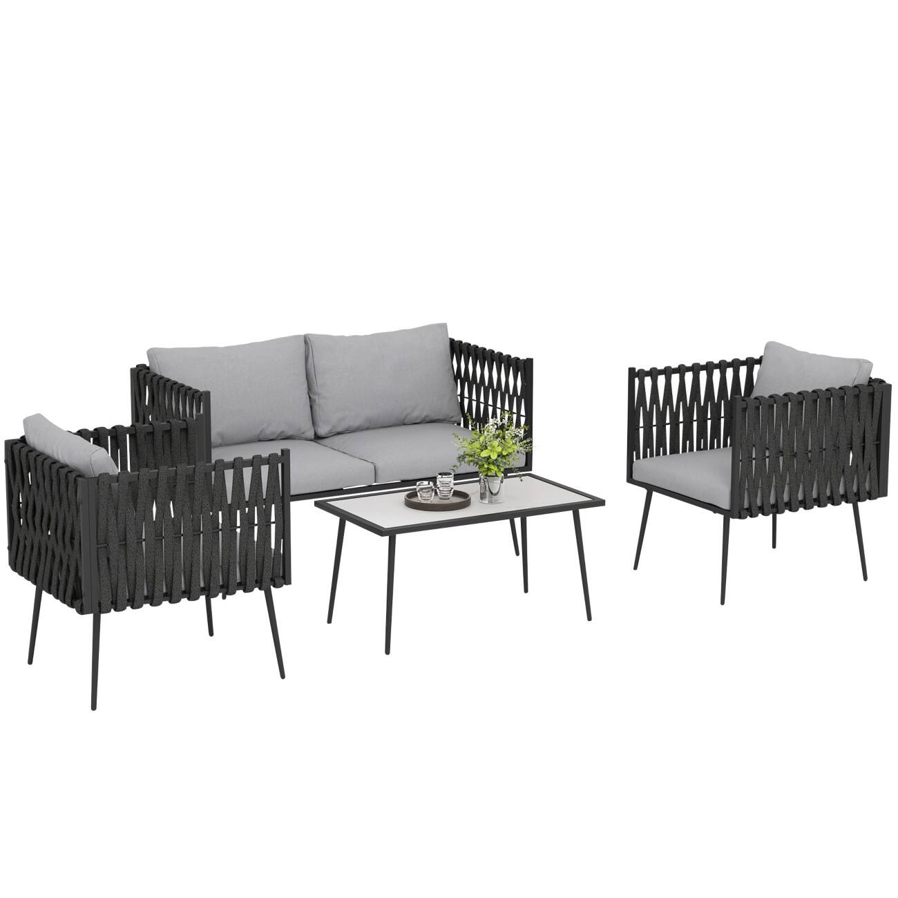 OutSunny Chair Table Set Steel,  PL (Polyester), Sponge Light Grey Outdoor