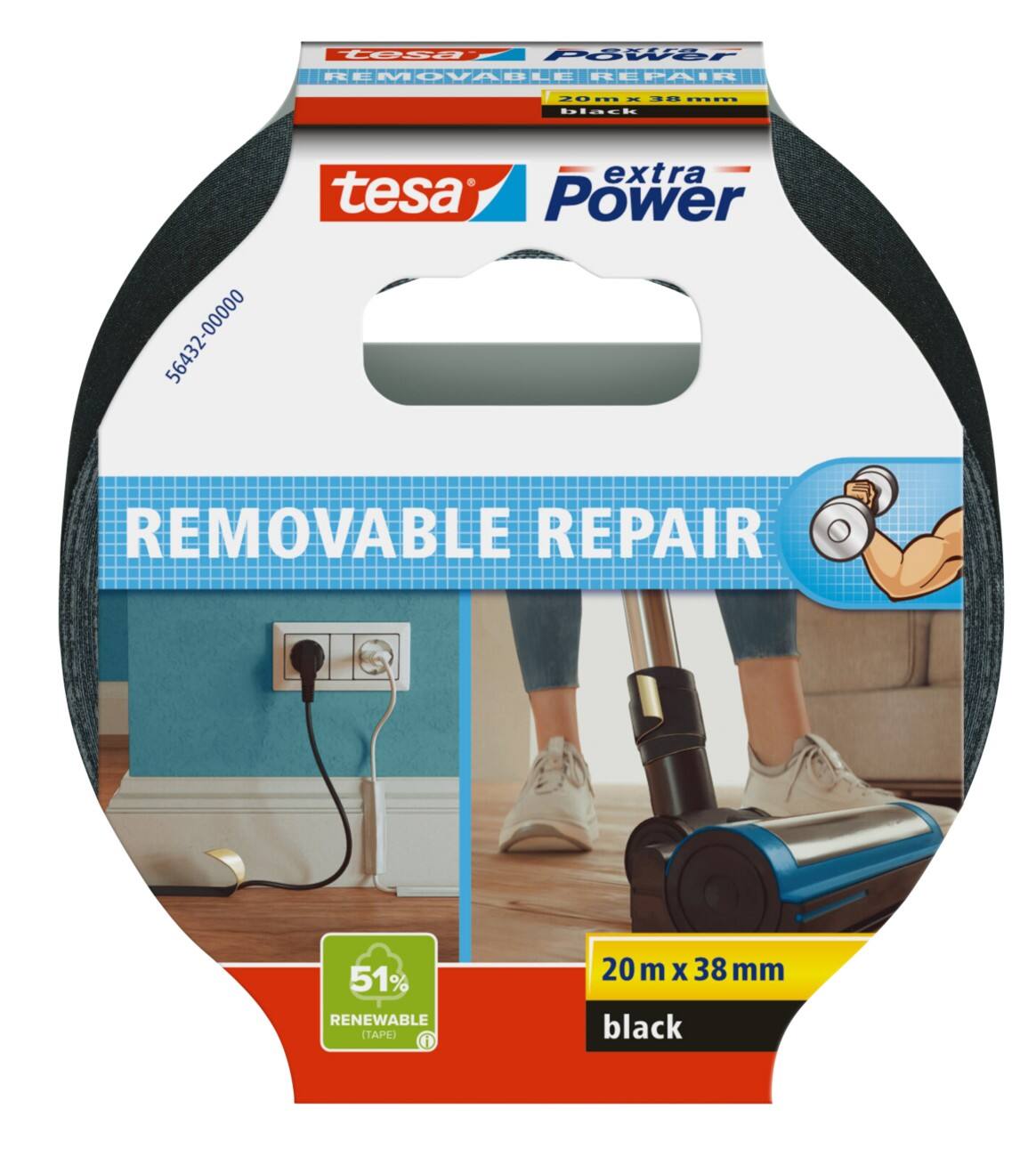 tesa extra Power Duct Tape Black Removable Repair 20 m x 38 mm