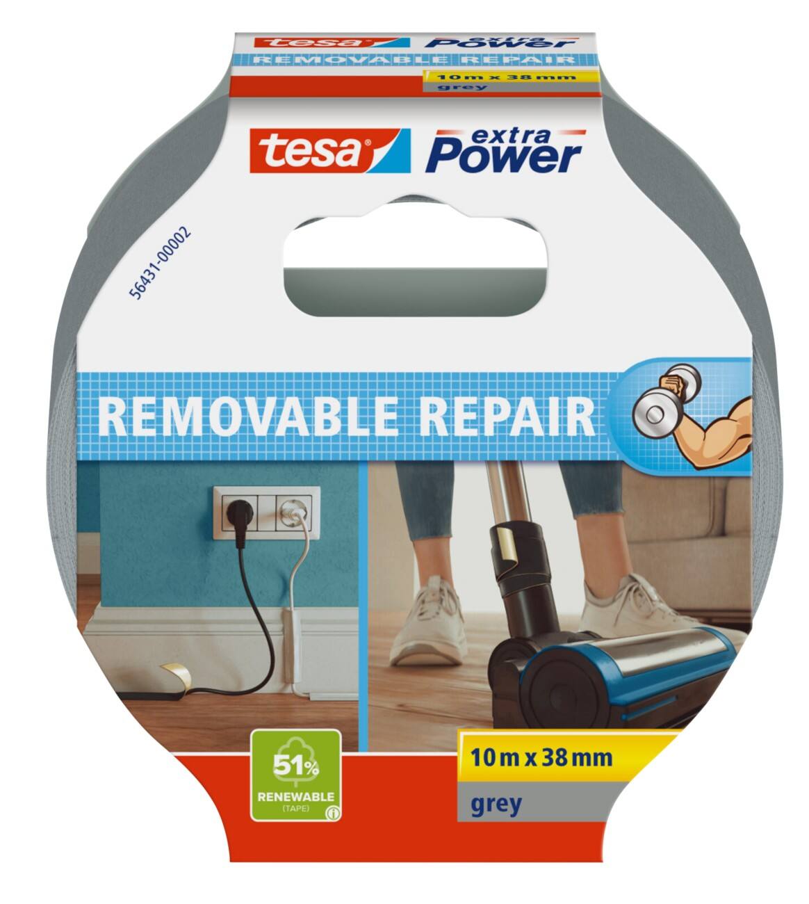 tesa extra Power Duct Tape Grey Removable Repair 10 m x 38 mm