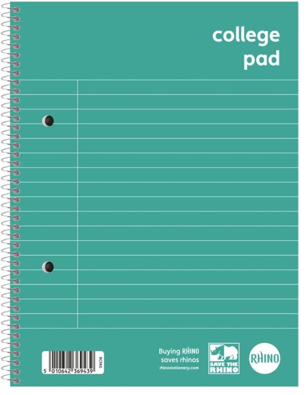 Rhino Notebook A5+ Ruled Spiral Bound Side Bound Laminated Board Soft Cover White Perforated 140 Pages Pack 10