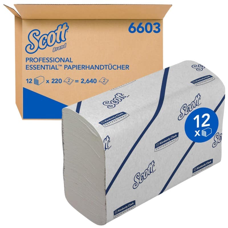 Scott Essential  Paper Hand Towels Narrow-Fold White 2 Ply 6603 220 Sheets Pack of 12