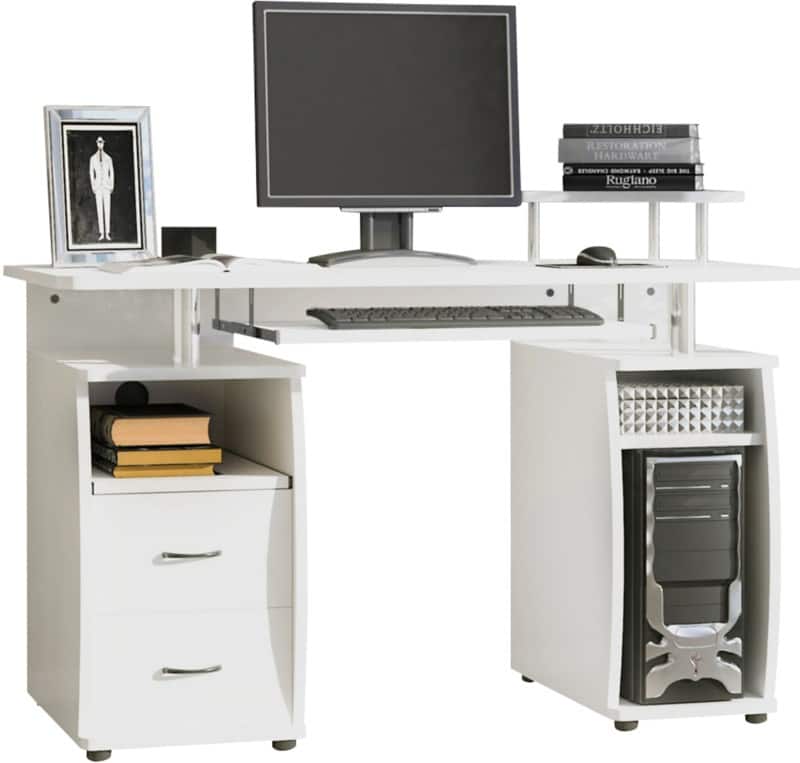 HOMCOM Computer Desk Rectangular White Rubberwood Pedestal 2 Drawers 1 Pedestals 550 (W) x 1,200 (D) x 850 (H) mm Particle Board, Steel