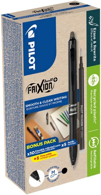 Pilot FriXion Ball Plus Rollerball Pen Black 0.4 mm Medium Rollerball 82% Recycled Pack of 10 + 10 Refills