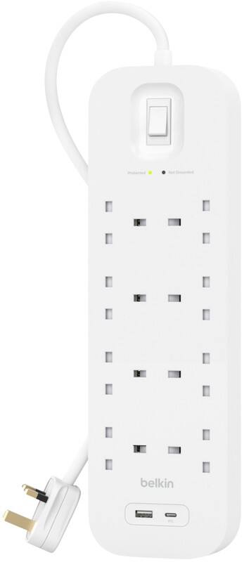 Belkin 8-Way Surge Protector, 2m, USB-C/A, White