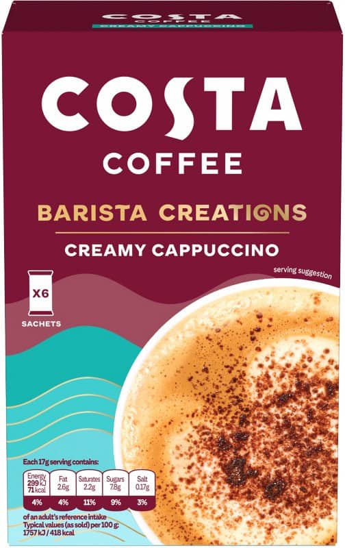 COSTA COFFEE Barista Creations Instant Coffee Sachets Cappuccino 17 g Pack of 6