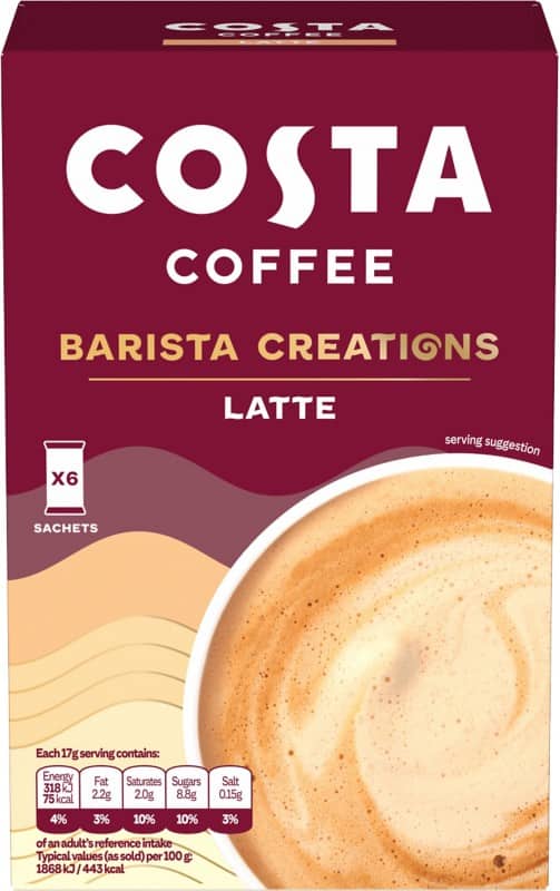 COSTA COFFEE Barista Creations Instant Coffee Sachets Latte 17 g Pack of 6