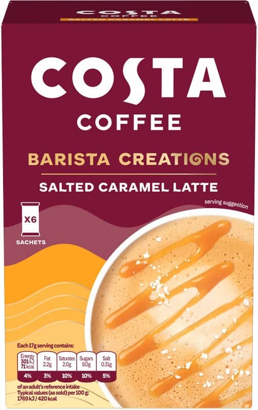 COSTA COFFEE Barista Creations Instant Coffee Sachets Latte Salted Caramel 17 g Pack of 6
