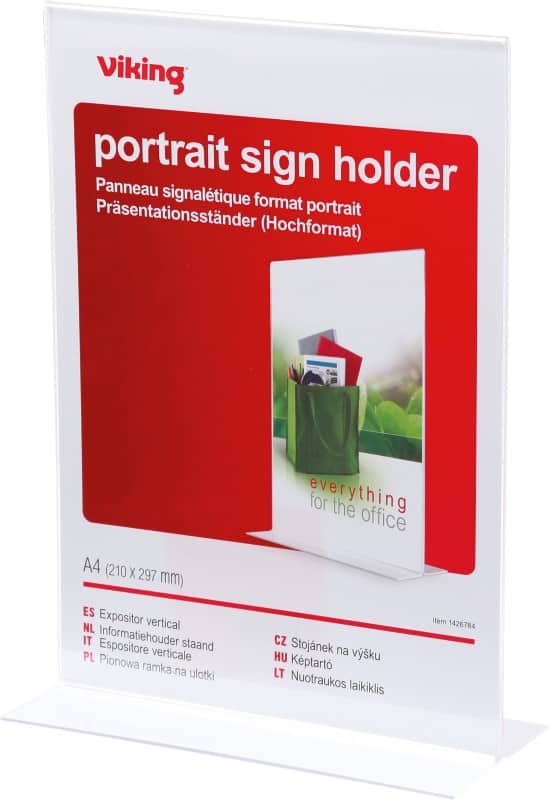 Viking T-Sign Sign Holder A4 21.1 (W) x 9.3 (D) x 29.7 (H) cm Transparent