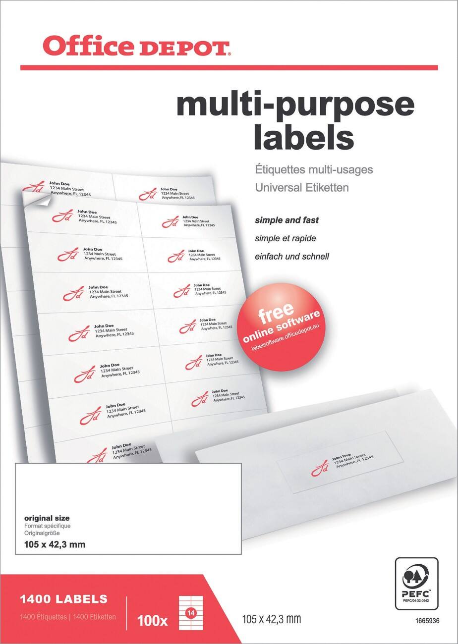 Office Depot Multipurpose Labels White 105 x 42.3 mm 100 Sheets of 14 ...