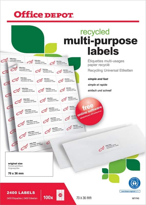 Office Depot Multifunction Labels Self Adhesive 70 x 36 mm White 100 Sheets  of 24 Labels | Viking Direct UK