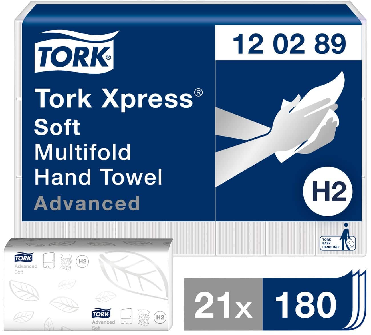 Tork Xpress Soft Multifold Hand Towels 120289 - H2 Advanced Folded Paper Towels for Dispenser - Absorbent, Tear Resistant, 2-Ply, White - 21 x 180 Sheets