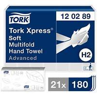 Tork Xpress Soft Multifold Hand Towels 120289 - H2 Advanced Folded Paper Towels for Dispenser - Absorbent, Tear Resistant, 2-Ply, White - 21 x 180 Sheets