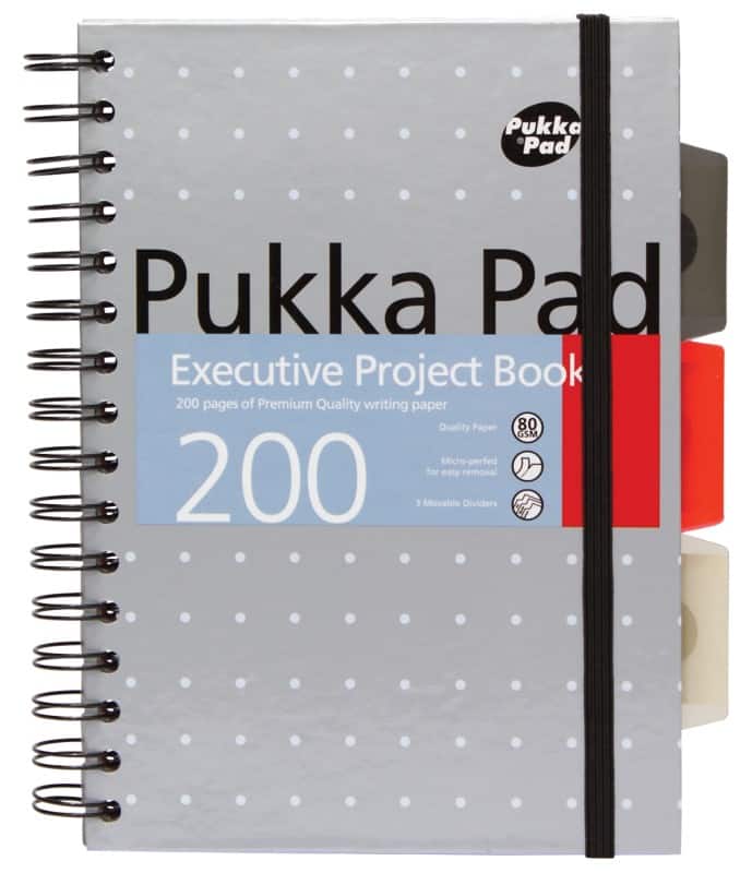 Pukka Pad Project Book Metallic Executive A5 Ruled Spiral Bound Cardboard Grey Perforated 200 Pages 100 Sheets Pack of 3