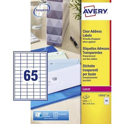 AVERY Zweckform Water Resistant Address Labels L7551-25 Adhesive A4 Transparent 38.1 x 21.2 mm 25 Sheets of 65 Labels