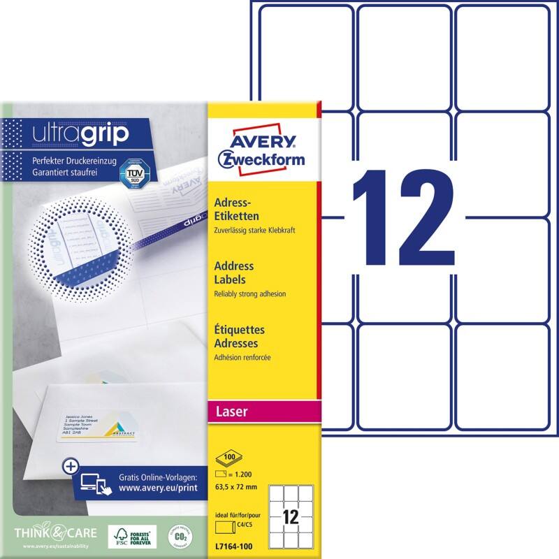 Avery UltraGrip Address Labels L7164-100 Adhesive A4 White 63.5 x 72 mm 100 Sheets Pack of 12