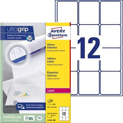 Avery Address Labels L7164-100 63.5 x 72 mm White 100 Sheets of 12 Labels
