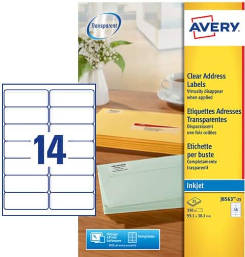 Avery J8563-25 Address Labels Self Adhesive 99.1 x 38.1 mm Clear 25 Sheets of 14 Labels