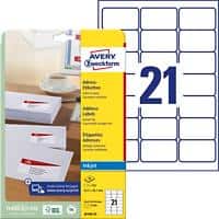 Avery J8160-25 Address Labels Self Adhesive 63.5 x 38.1 mm White 25 Sheets of 21 Labels