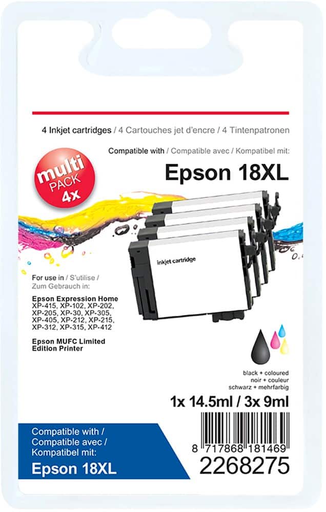 Office Depot Compatible Epson 18XL Ink Cartridge C13T18164012 Black & 3 Colours Pack of 4