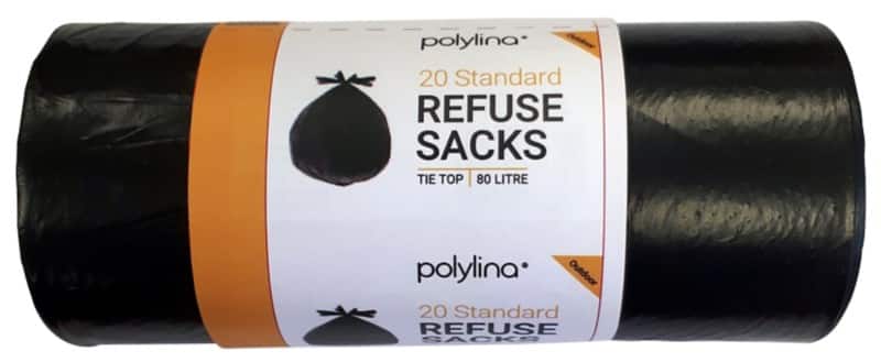 Polylina tie top bin bags 80 l carrying handle black pe (polyethylene) 22 microns pack of 20