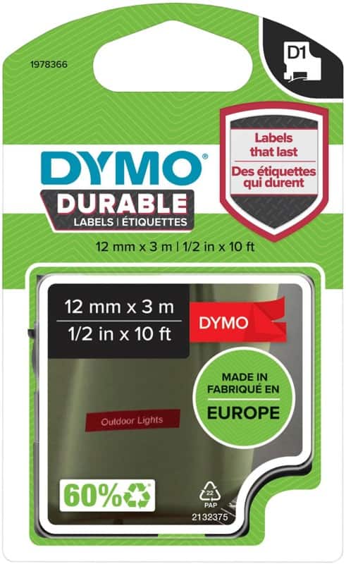 Dymo D1 1978366 Authentic Durable Label Tape Self Adhesive White Print on Red 12 mm x 3m
