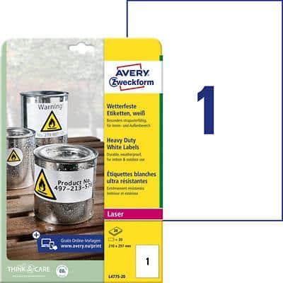 Avery L4775-20 Resistant Labels Self Adhesive 210 x 297 mm White 20 Sheets of 1 Label