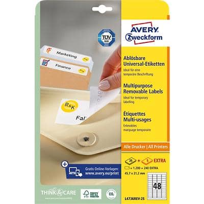 Avery L4736REV-25 Mini Multipurpose Labels Removable 45.7 x 21.2 mm White 25 Sheets of 48 Labels