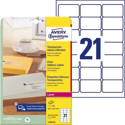 Avery L7560-25 Address Labels Self Adhesive 63.5 x 38.1 mm Clear 25 Sheets of 21 Labels