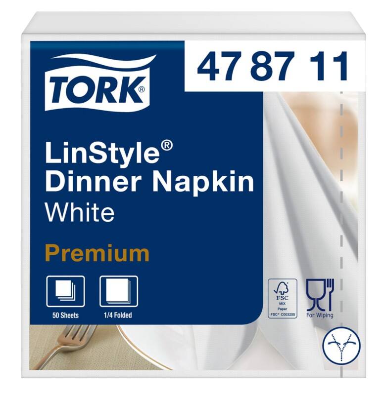 Tork LinStyle Premium White Dinner Napkins 1/4 Fold 1-ply 39 cm x 39 cm 50 Sheets Pack of 12
