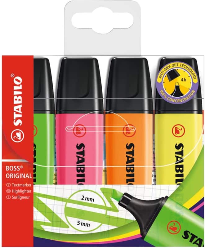 STABILO BOSS ORIGINAL 70/4 Highlighter Assorted Medium Chisel 2 - 5 mm Refillable Pack of 4