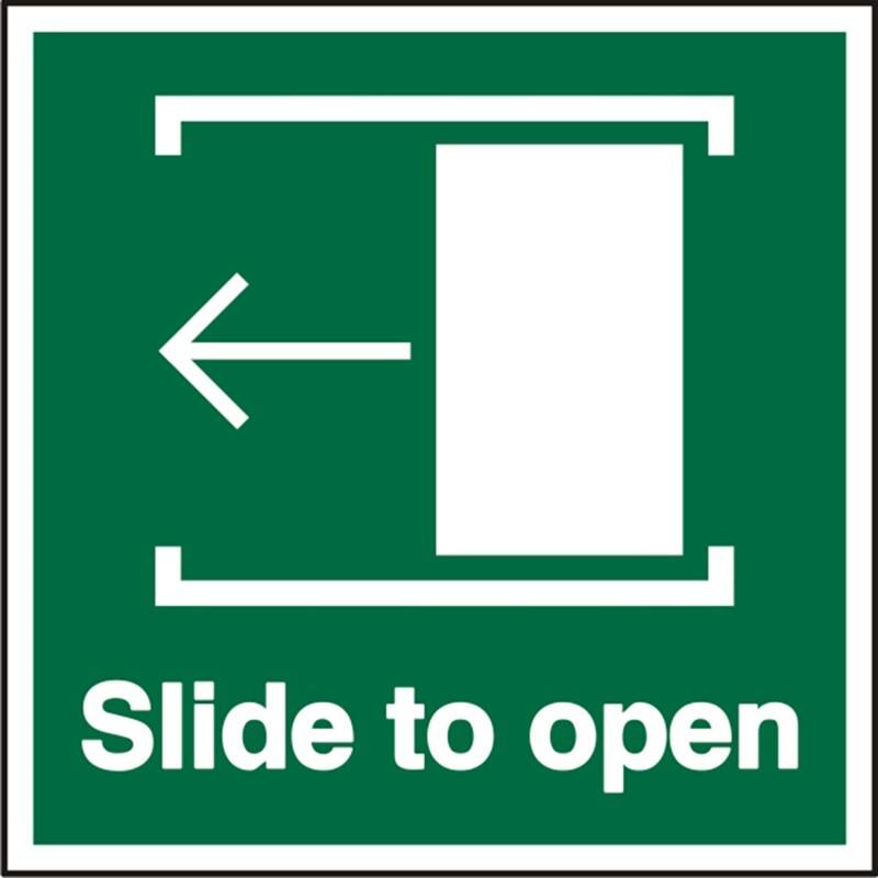 Safety Sign Slide To Open with Left Arrow Adhesive Plastic 15 x 15 cm