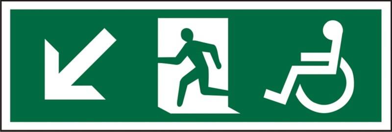 Fire Exit Sign Wheel Chair Down Left Arrow Adhesive Plastic 15 x 45 cm