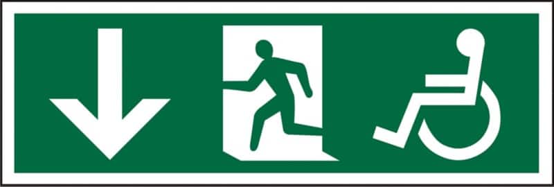 Fire Exit Sign Wheel Chair Down Arrow Adhesive Plastic 15 x 45 cm