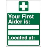 First Aid Sign First Aider Name and Location Self Adhesive Plastic 30 x 20 cm