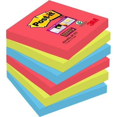 Post-it Super Sticky Notes 76 x 76 mm Bora Bora Assorted Colours 6 Pads of 90 Sheets