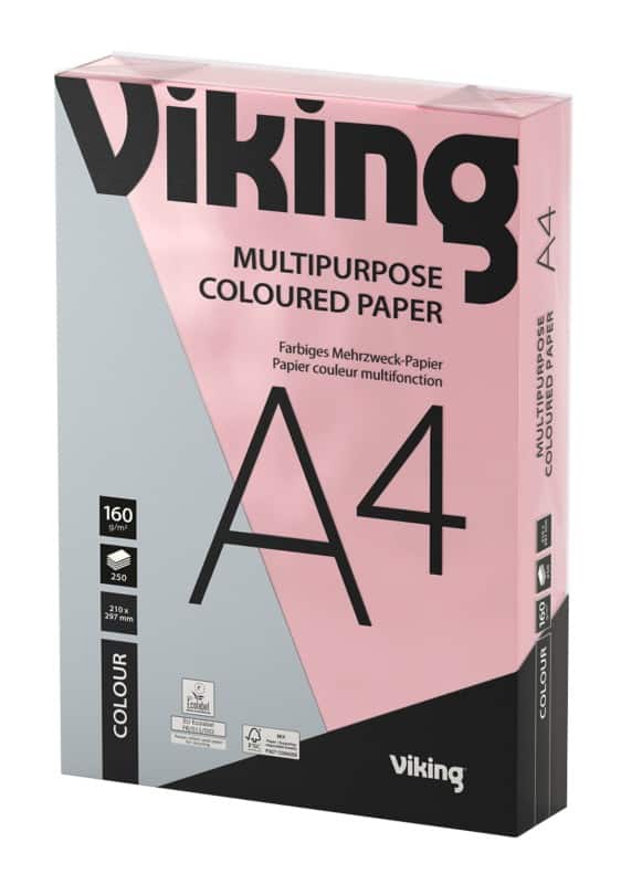Viking A4 Coloured Paper Pink 160 gsm Smooth 250 Sheets