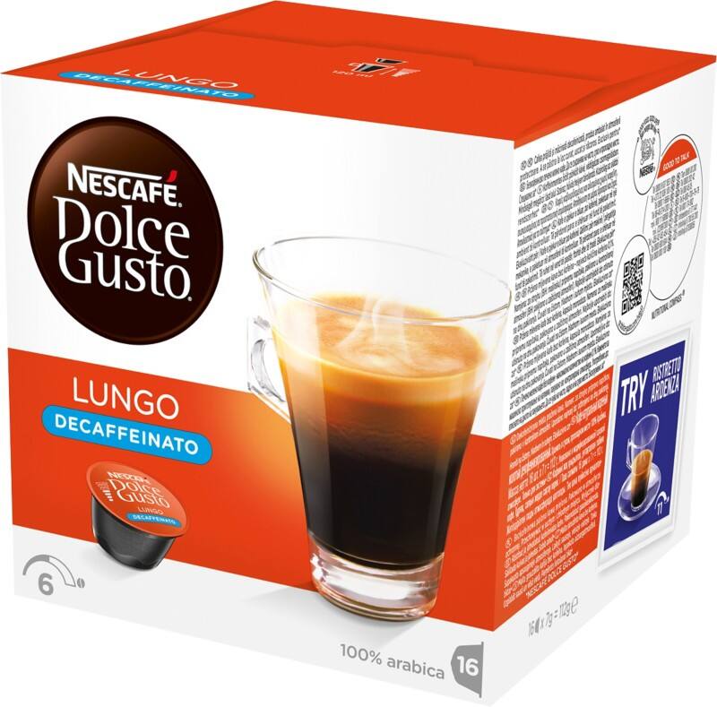Nescafã‰ dolce gusto decaffeinated ground coffee pods box lungo 7 g pack of 6