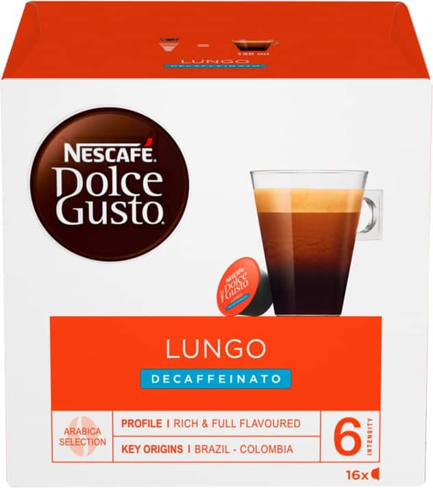 NESCAFÉ Dolce Gusto Decaffeinated Ground Coffee Pods Box Lungo 7 g Pack of 16