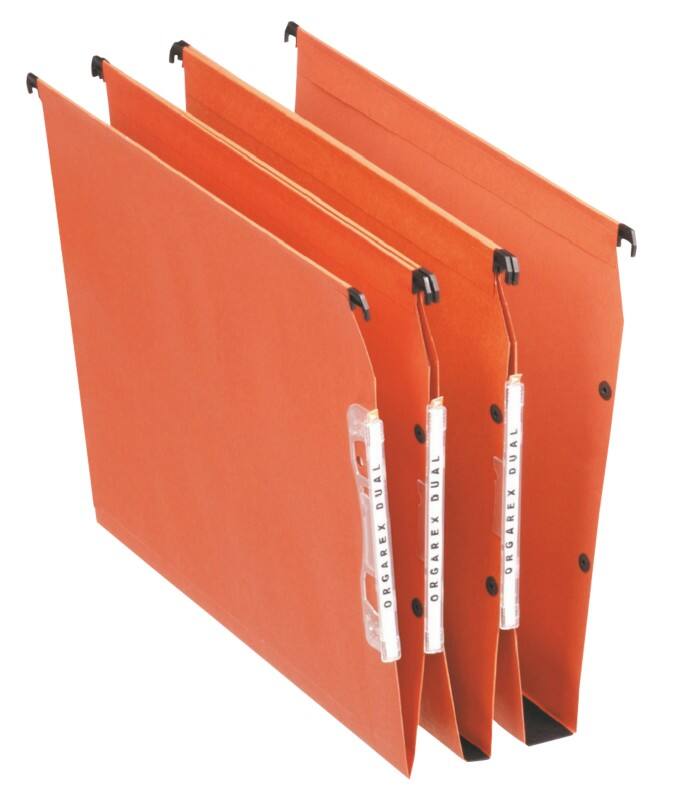 Esselte Orgarex Dual 330 Lateral Suspension File 21628 V Base 15mm 220 gsm Orange 100% Recycled Manilla Pack of 25