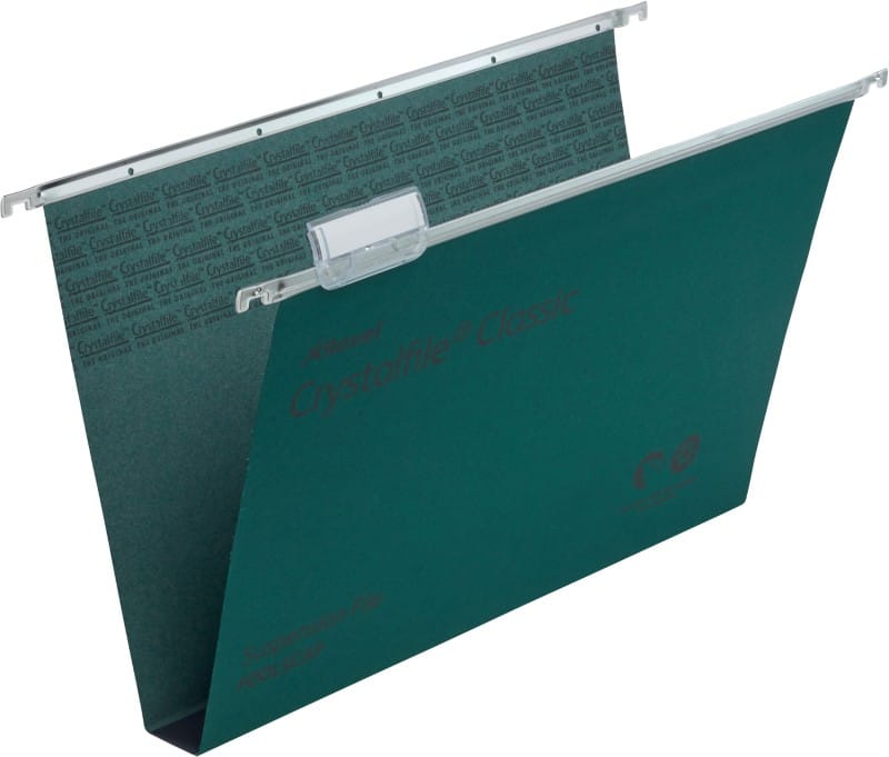 Rexel Crystalfile Classic Vertical Suspension File 78041 Foolscap U base 30 mm 230 gsm Green 100% Recycled Manilla Pack of 50
