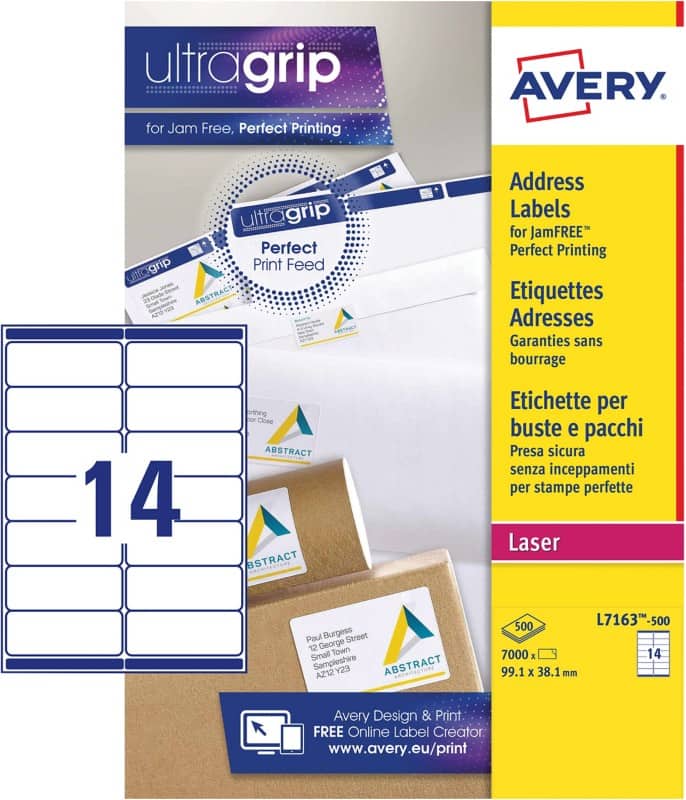 Avery L7163-500 Address Labels Self Adhesive 99.1 x 38.1 mm White 500 Sheets of 14 Labels